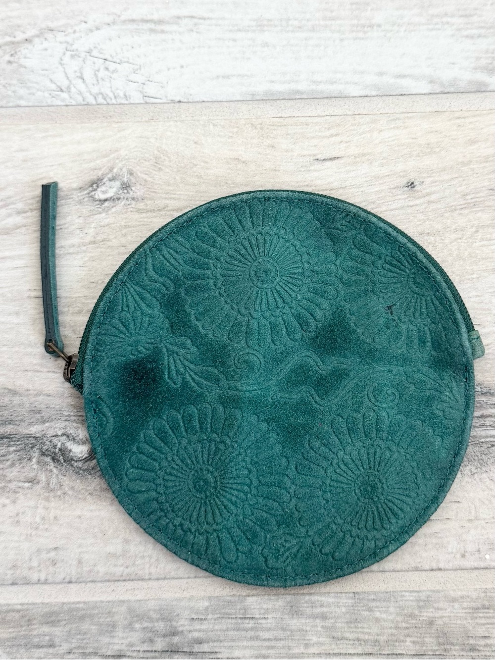 World Market Teal Genuine Leather Boho Print Round Coin Purse Pouch